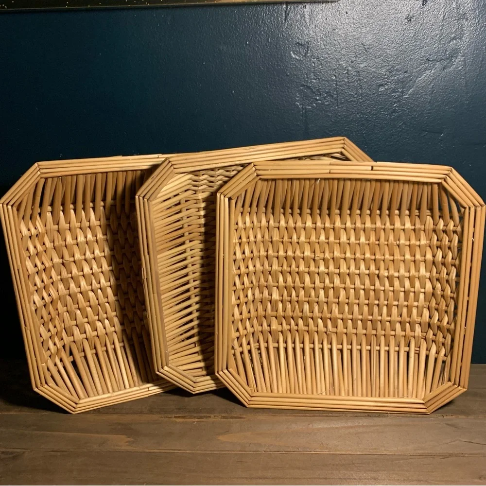 Set 3 Vintage Square Basket Trays Table  Wall Hanging Bread Woven Sewn Wicker